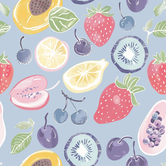 Colorful pattern of various fruits, including strawberries, lemons, cherries, kiwis, papayas, and plums, on a light blue background.