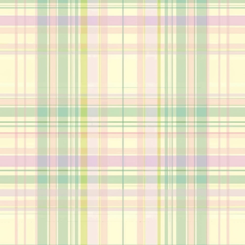Plaid pattern with pastel colors including yellow, green, pink, and beige forming intersecting lines on a light background.