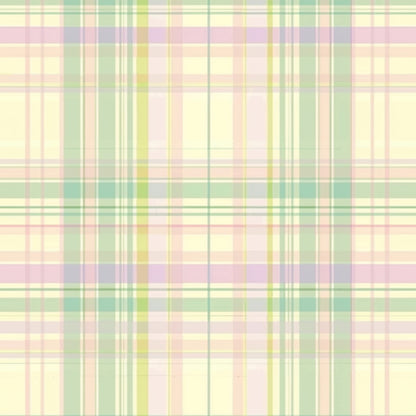 Plaid pattern with pastel colors including yellow, green, pink, and beige forming intersecting lines on a light background.
