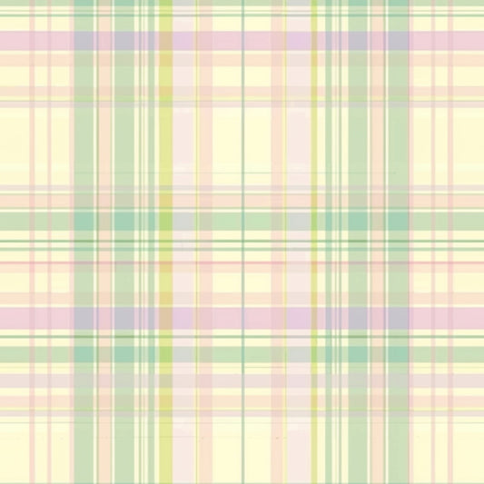 Plaid pattern with pastel colors including yellow, green, pink, and beige forming intersecting lines on a light background.