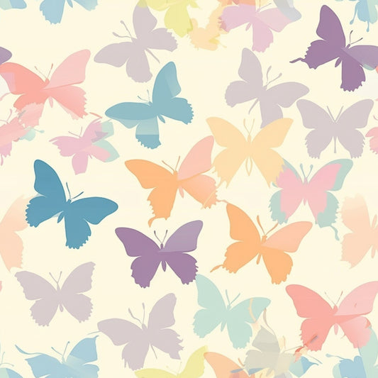A pattern of colorful butterflies in pastel shades against a light background.