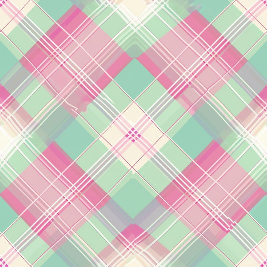 A pastel plaid pattern with intersecting lines in pink, green, and cream colors forming diamonds and squares.