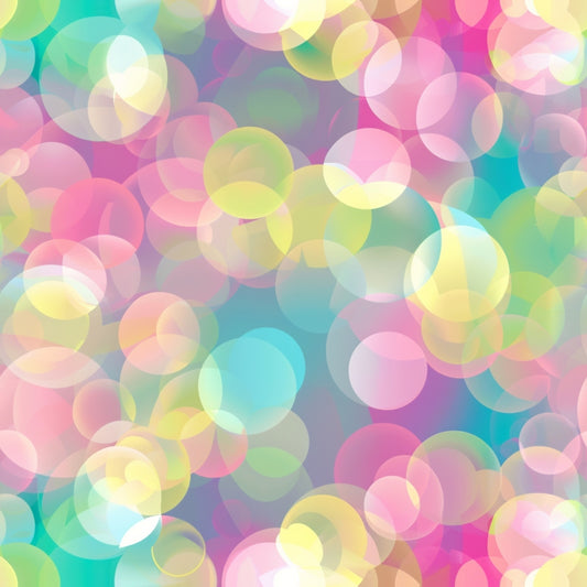 Colorful abstract background with overlapping translucent circles in pink, yellow, green, and blue hues, creating a bokeh effect.