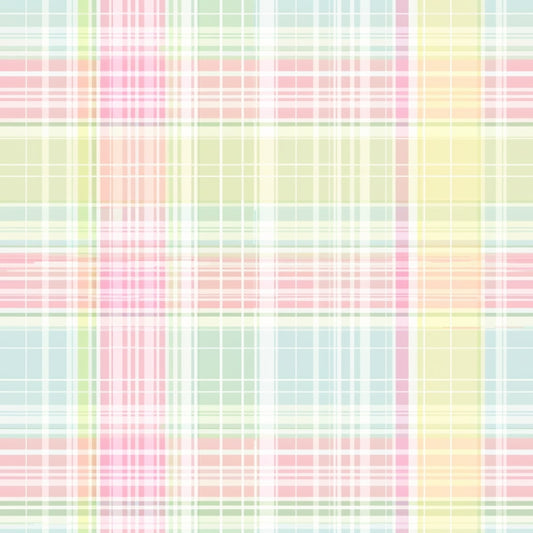 Pastel-colored plaid pattern with intersecting lines of pink, green, blue, and yellow creating a grid-like design.