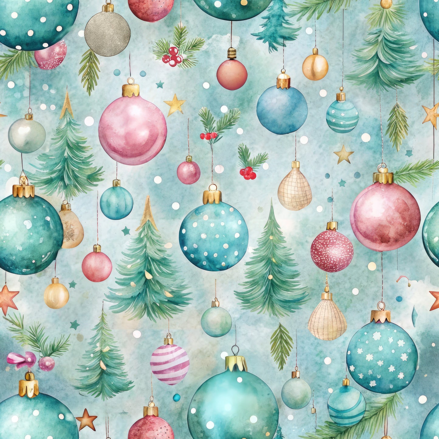 pastel colors, christmas ornaments, evergreen trees, pine branches, hanging baubles, watercolor style, soft blue background, pink ornaments, teal decorations, gold accents, festive pattern, winter theme, quilting cotton, fabric panel, delicate artwork, holiday motifs, scattered design, gentle mood, christmas trees, seasonal fabric