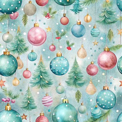 pastel colors, christmas ornaments, evergreen trees, pine branches, hanging baubles, watercolor style, soft blue background, pink ornaments, teal decorations, gold accents, festive pattern, winter theme, quilting cotton, fabric panel, delicate artwork, holiday motifs, scattered design, gentle mood, christmas trees, seasonal fabric
