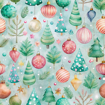 pastel colors, christmas ornaments, watercolor style, festive pattern, quilting cotton, fabric panel, holiday theme, christmas trees, baubles, mint green, coral pink, soft blue, evergreen branches, striped ornaments, polka dots, winter decorations, seamless repeat, whimsical design, seasonal motifs, craft fabric