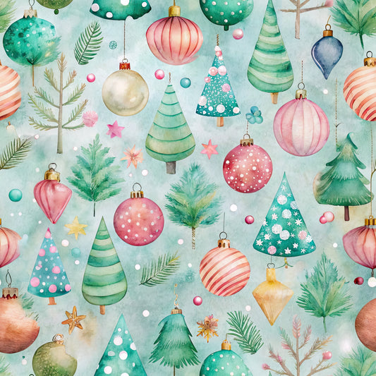 pastel colors, christmas ornaments, watercolor style, festive pattern, quilting cotton, fabric panel, holiday theme, christmas trees, baubles, mint green, coral pink, soft blue, evergreen branches, striped ornaments, polka dots, winter decorations, seamless repeat, whimsical design, seasonal motifs, craft fabric