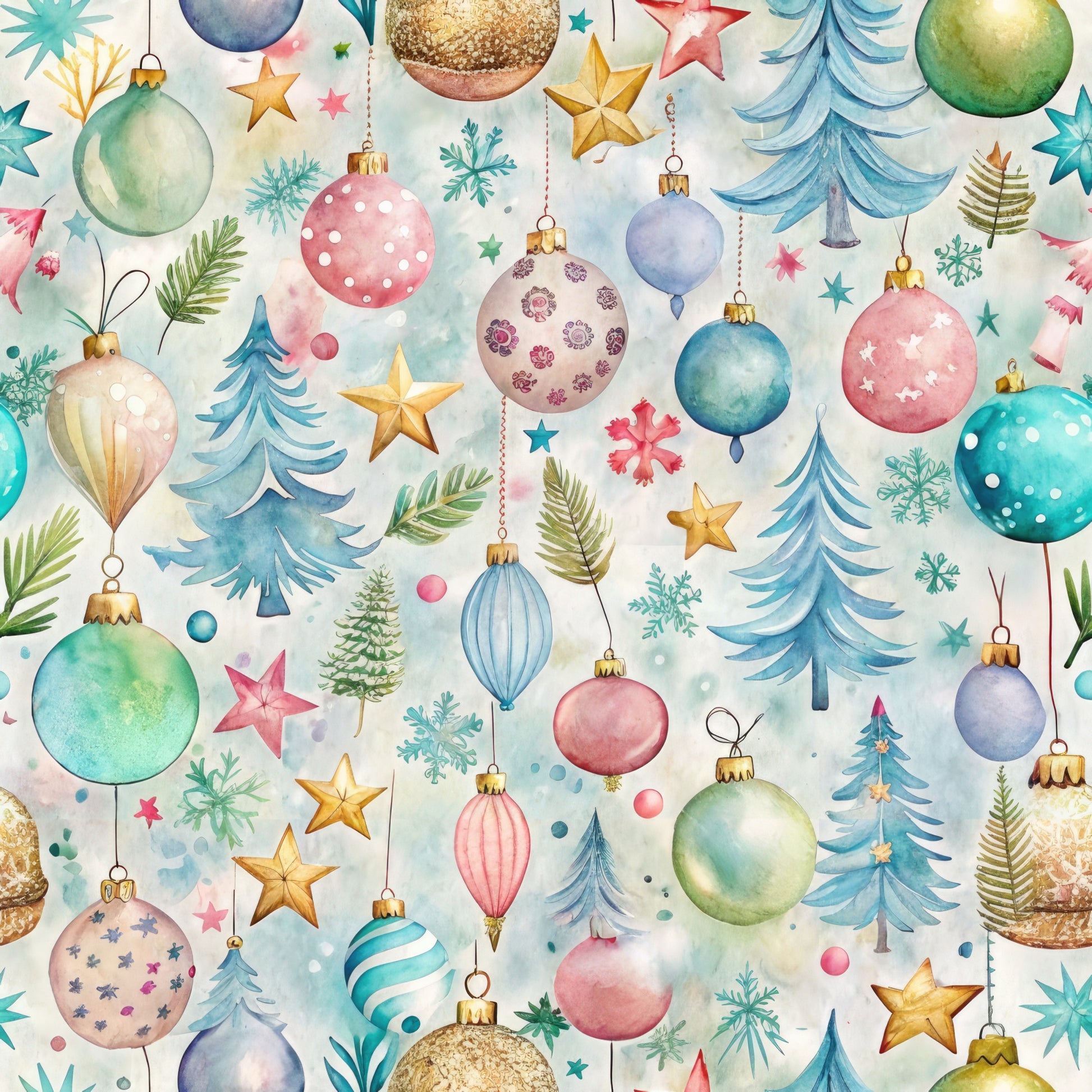 pastel colors, watercolor style, christmas ornaments, holiday baubles, evergreen trees, gold stars, snowflakes, pink ornaments, blue ornaments, green ornaments, teal accents, festive pattern, winter theme, quilting cotton, fabric panel, decorative balls, pine branches, holiday motifs, soft pastels, christmas decor