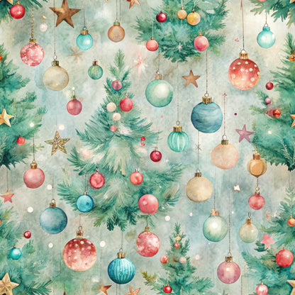 pastel colors, christmas ornaments, evergreen branches, hanging baubles, watercolor style, festive pattern, quilting cotton, fabric panel, holiday decorations, soft pastels, pine needles, christmas balls, ornament clusters, winter theme, craft fabric, seasonal design, delicate artwork, mint green, coral pink, gentle blues