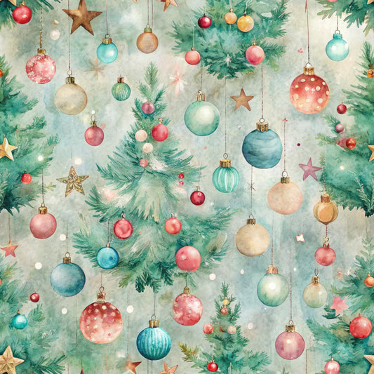 pastel colors, christmas ornaments, evergreen branches, hanging baubles, watercolor style, festive pattern, quilting cotton, fabric panel, holiday decorations, soft pastels, pine needles, christmas balls, ornament clusters, winter theme, craft fabric, seasonal design, delicate artwork, mint green, coral pink, gentle blues
