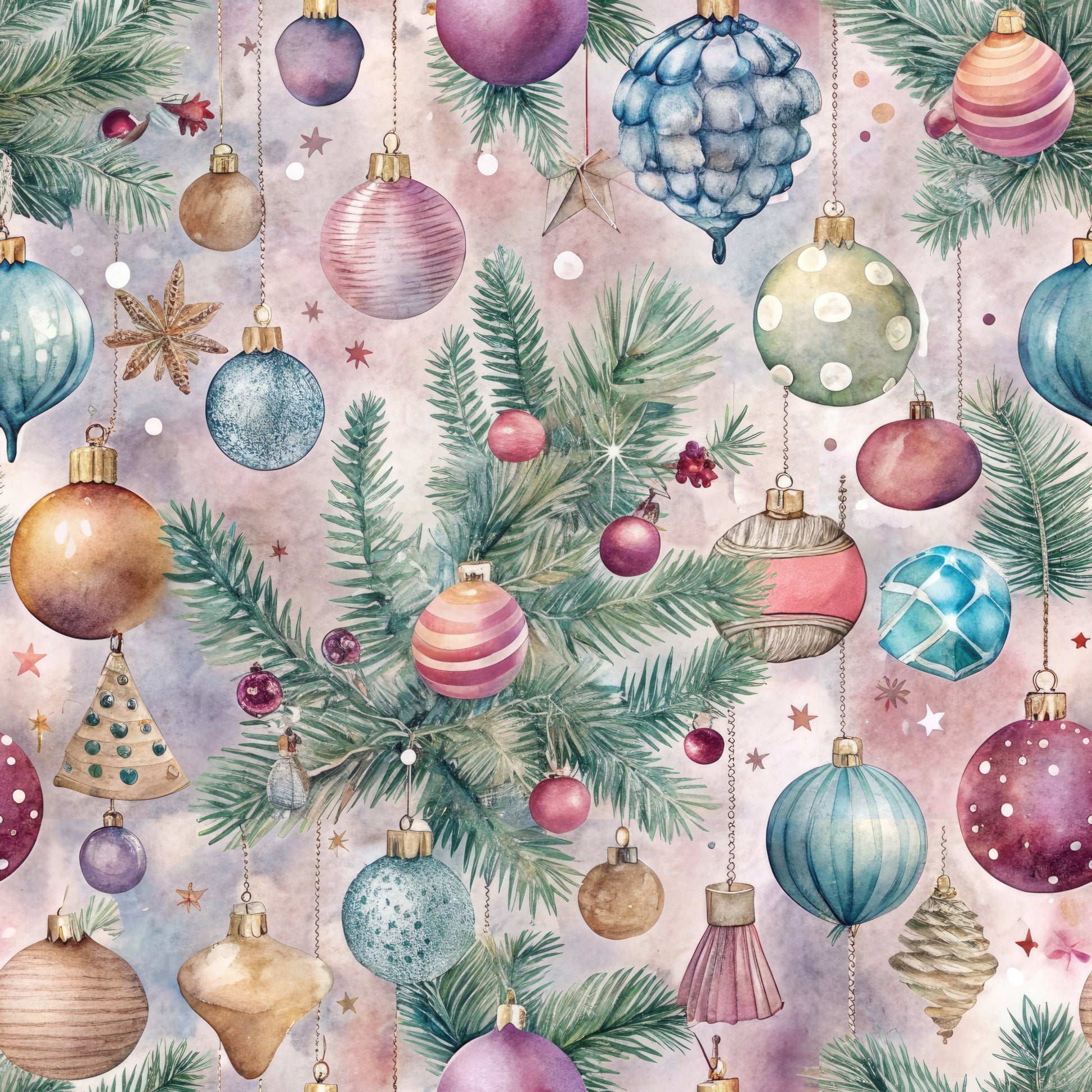 pastel colors, christmas ornaments, pine branches, watercolor style, quilting cotton, fabric panel, holiday theme, baubles, evergreen needles, soft pastels, pink ornaments, blue ornaments, gold caps, hanging decorations, festive pattern, winter elements, delicate artwork, christmas tree decorations, seasonal fabric, craft material