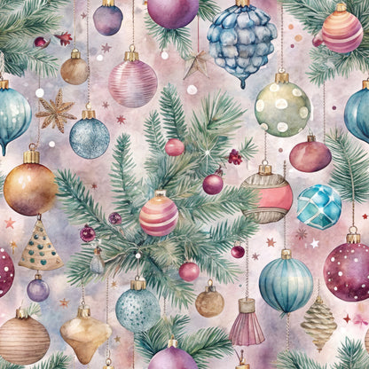 pastel colors, christmas ornaments, pine branches, watercolor style, quilting cotton, fabric panel, holiday theme, baubles, evergreen needles, soft pastels, pink ornaments, blue ornaments, gold caps, hanging decorations, festive pattern, winter elements, delicate artwork, christmas tree decorations, seasonal fabric, craft material