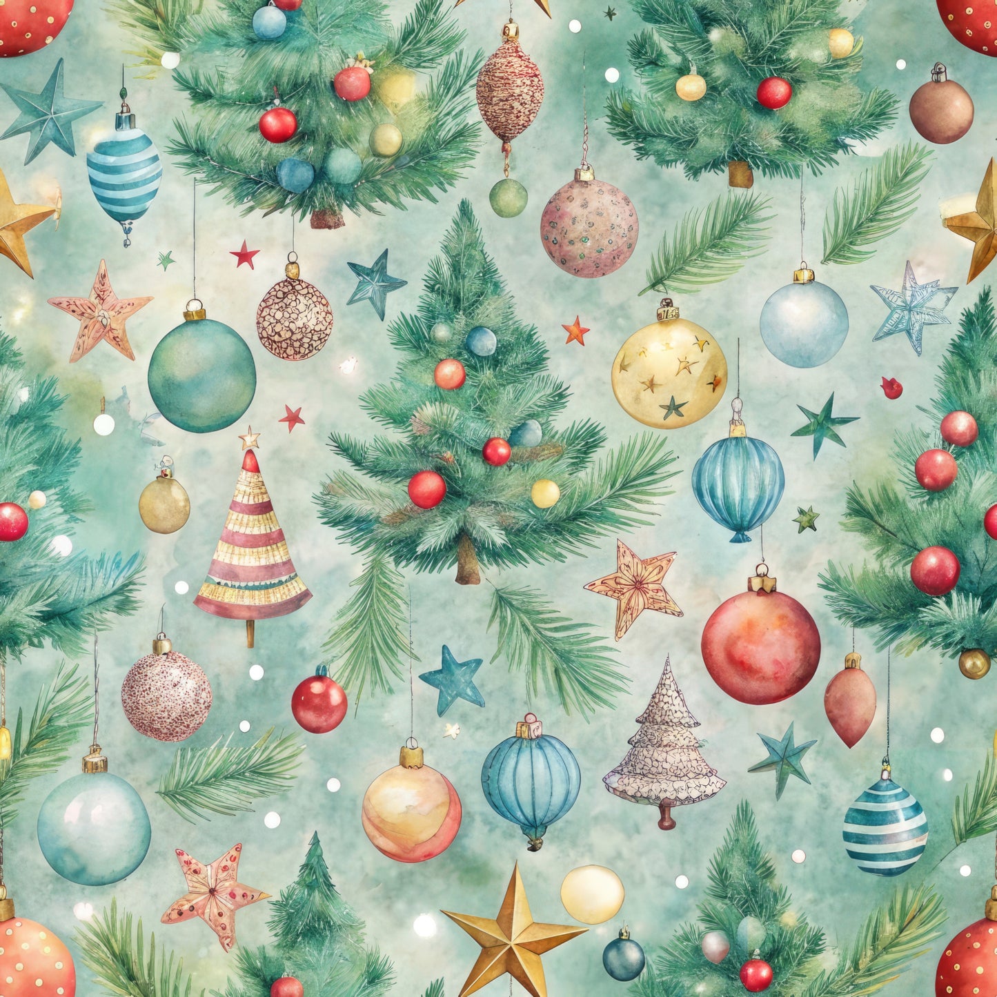 pastel green, mint background, christmas ornaments, baubles, pine branches, evergreen sprigs, stars, christmas trees, watercolor style, soft colors, red ornaments, blue ornaments, gold accents, quilting cotton, fabric panel, holiday pattern, festive design, scattered motifs, delicate artwork, christmas decor