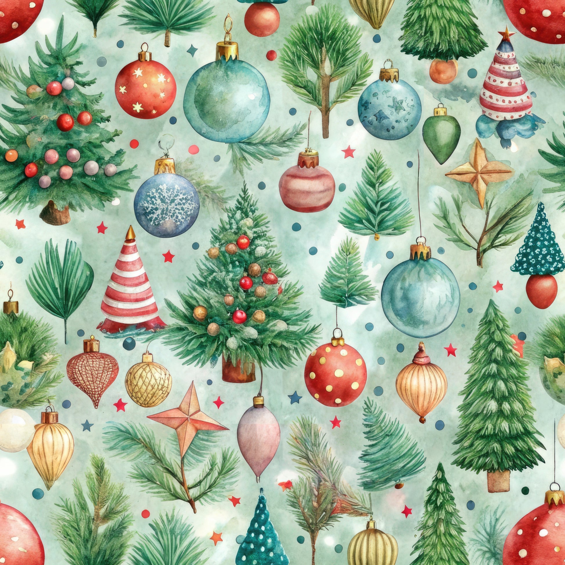 pastel green, mint background, christmas ornaments, evergreen trees, pine branches, baubles, red ornaments, blue ornaments, gold ornaments, watercolor style, festive pattern, holiday motif, quilting cotton, fabric panel, christmas trees, decorative balls, winter greenery, scattered design, soft pastels, seasonal fabric