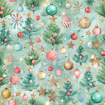 pastel green, mint green, coral pink, gold, turquoise, christmas ornaments, baubles, stars, pine branches, snowflakes, striped ornaments, hanging decorations, watercolor style, festive pattern, quilting cotton, fabric panel, holiday theme, winter elements, scattered design, whimsical illustration