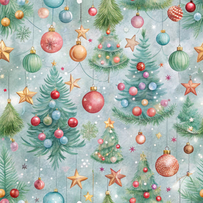 pastel colors, christmas ornaments, evergreen trees, hanging baubles, gold stars, pink ornaments, blue ornaments, watercolor style, festive pattern, quilting cotton, fabric panel, holiday theme, decorative balls, tree branches, winter motif, soft hues, christmas decorations, seasonal fabric, crafting material