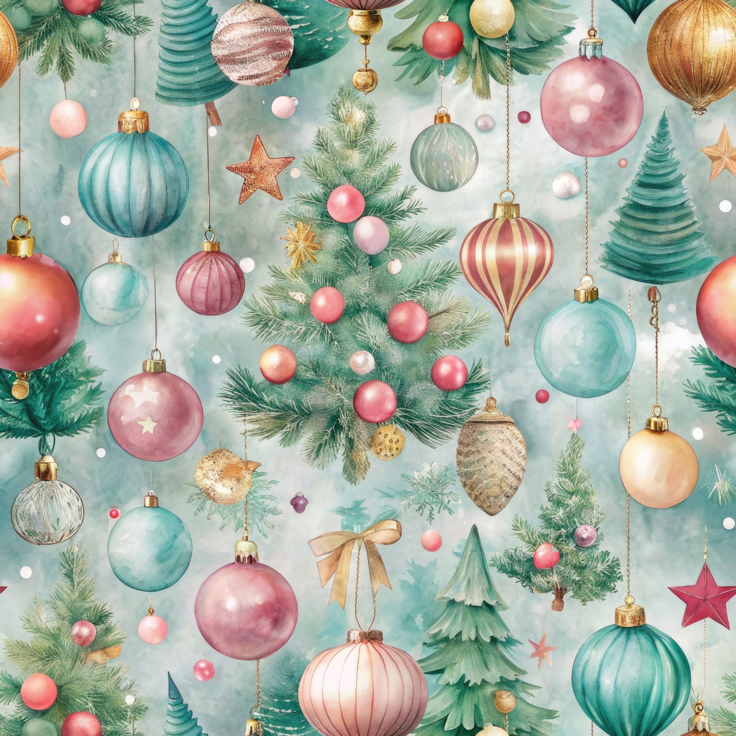 pastel pink, mint green, sage green, coral pink, gold accents, christmas ornaments, baubles, pine branches, evergreen trees, stars, ribbons, watercolor style, soft dreamy, quilting cotton, fabric panel, holiday theme, winter decorations, delicate pattern, festive design, seamless repeat