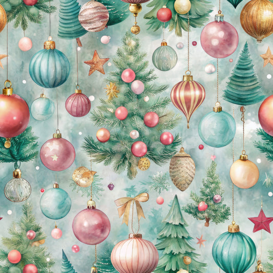 pastel pink, mint green, sage green, coral pink, gold accents, christmas ornaments, baubles, pine branches, evergreen trees, stars, ribbons, watercolor style, soft dreamy, quilting cotton, fabric panel, holiday theme, winter decorations, delicate pattern, festive design, seamless repeat