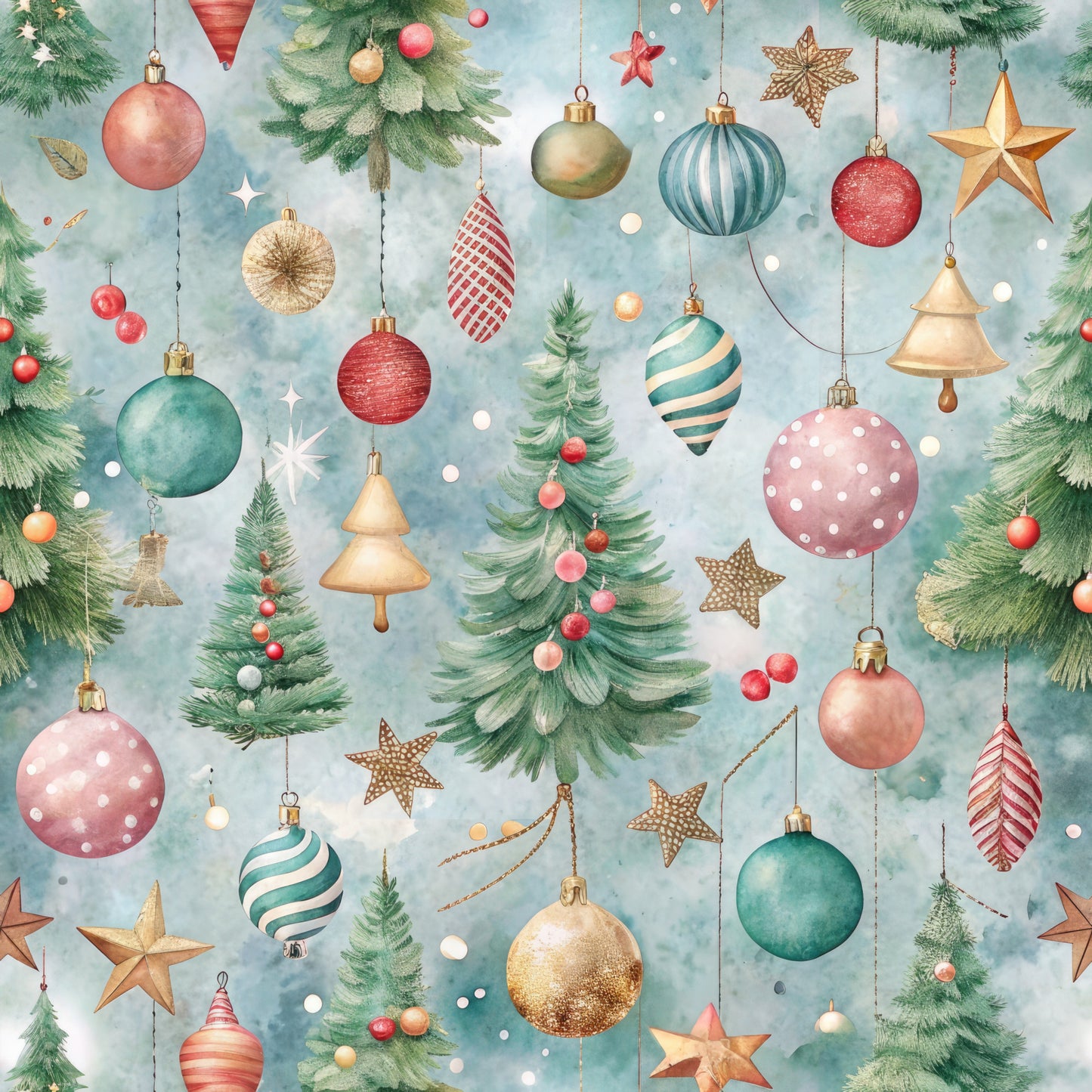 pastel blue, sage green, coral pink, gold accents, christmas ornaments, hanging baubles, evergreen trees, decorative stars, striped ornaments, polka dot patterns, bell ornaments, teardrop shapes, watercolor style, festive design, quilting cotton, fabric panel, holiday theme, winter elements, soft colors, whimsical illustration