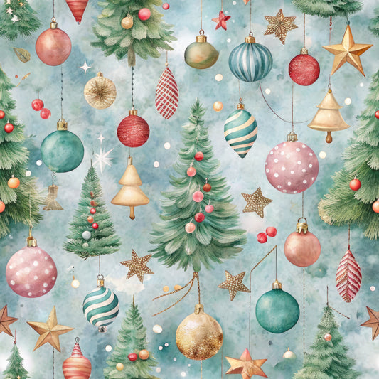pastel blue, sage green, coral pink, gold accents, christmas ornaments, hanging baubles, evergreen trees, decorative stars, striped ornaments, polka dot patterns, bell ornaments, teardrop shapes, watercolor style, festive design, quilting cotton, fabric panel, holiday theme, winter elements, soft colors, whimsical illustration