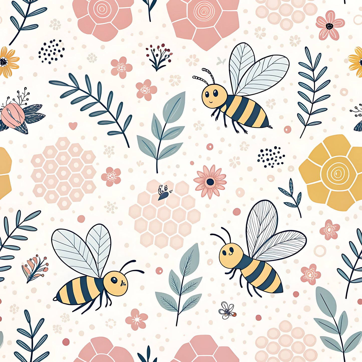 Pastel Floral Bumblebee Pattern 5 Quilting Cotton Fabric