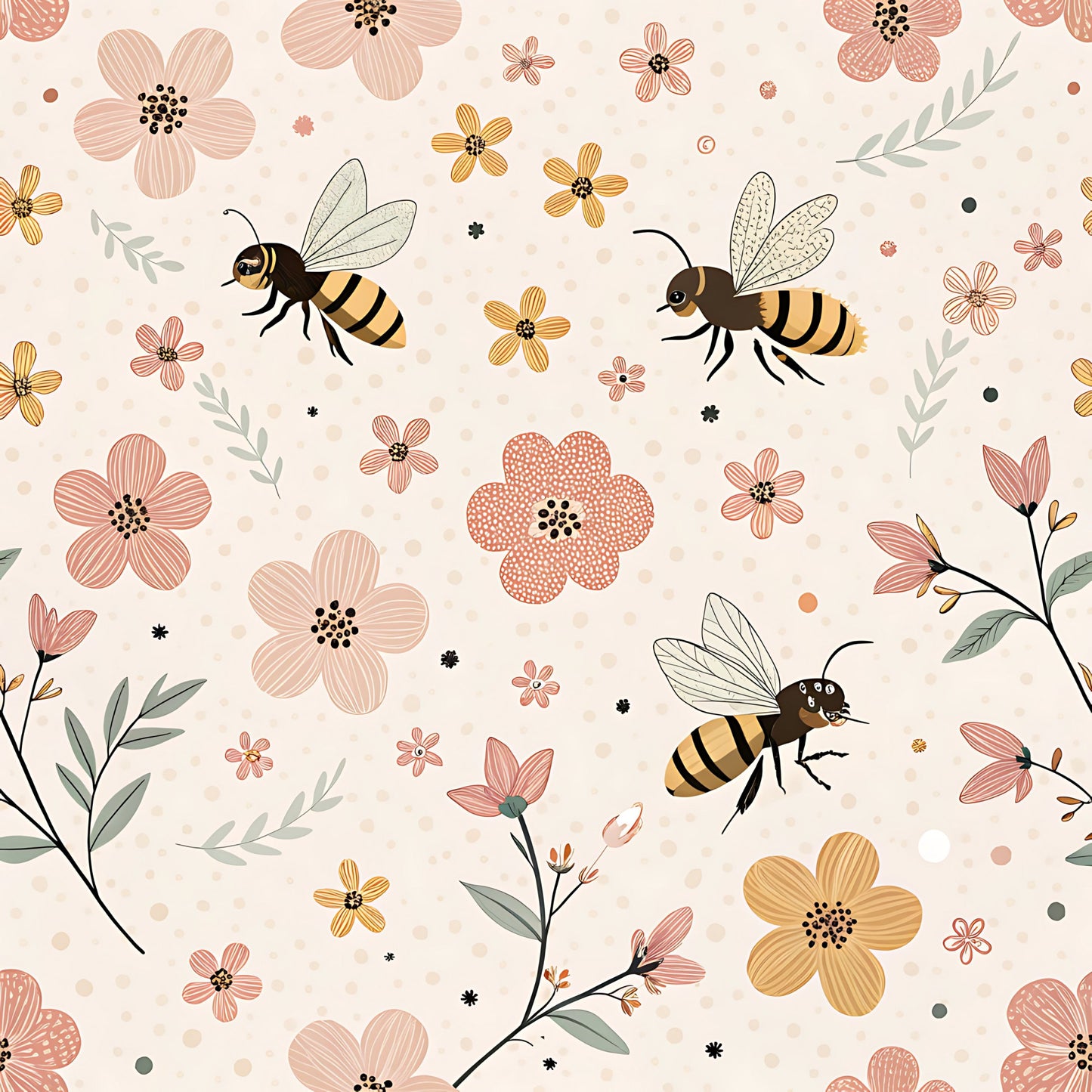 Pastel Floral Bumblebee Pattern 8 Quilting Cotton Fabric