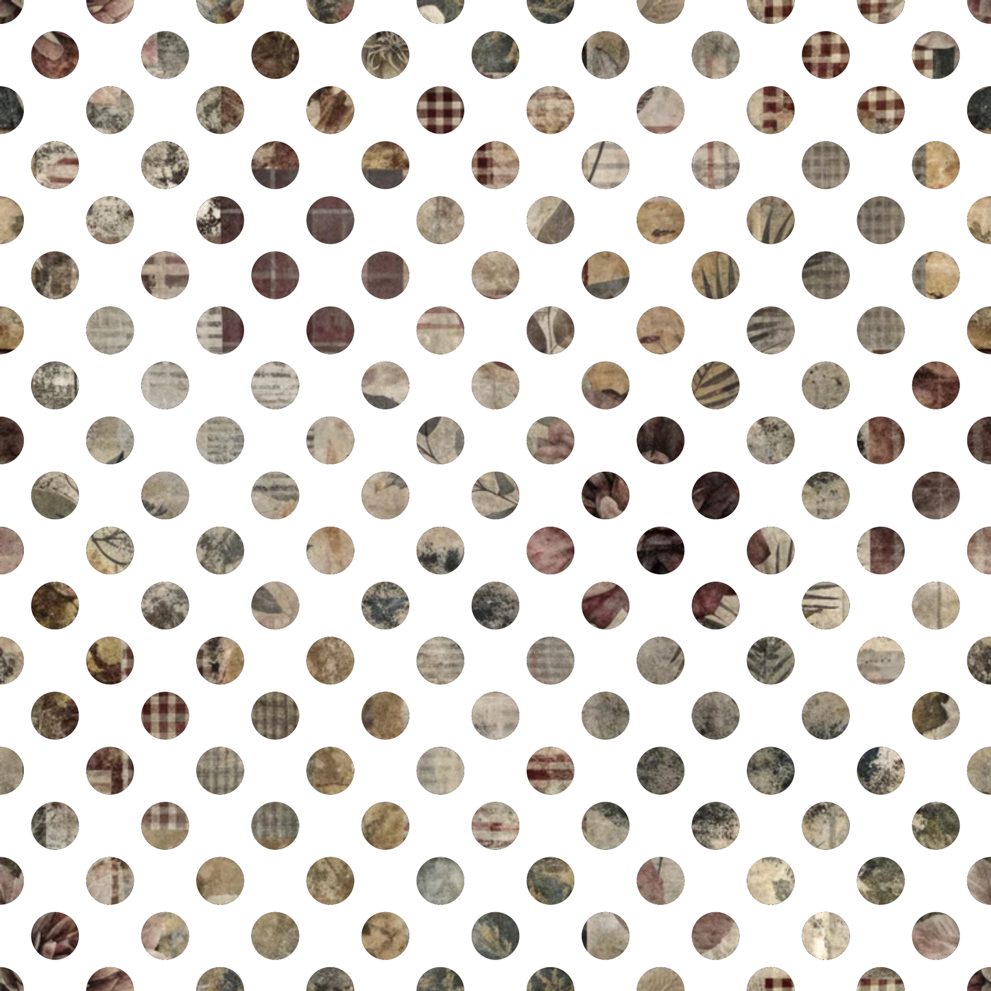 quilting cotton, fabric panel, polka dots, circular pattern, brown tones, beige, tan, cream, burgundy, muted colors, earth tones, geometric design, repeating pattern, neutral palette, vintage textures, patchwork style, cotton fabric, quilting material, coordinating prints, warm colors
