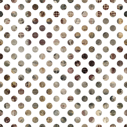 quilting cotton, fabric panel, polka dots, circular pattern, brown tones, beige, tan, cream, burgundy, muted colors, earth tones, geometric design, repeating pattern, neutral palette, vintage textures, patchwork style, cotton fabric, quilting material, coordinating prints, warm colors