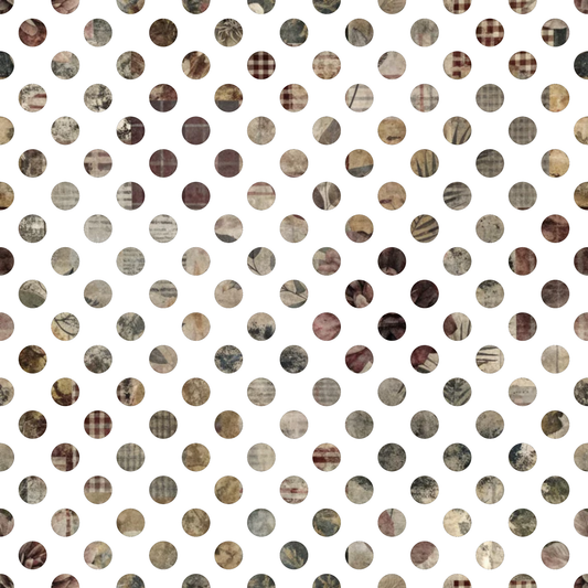 quilting cotton, fabric panel, polka dots, circular pattern, brown tones, beige, tan, cream, burgundy, muted colors, earth tones, geometric design, repeating pattern, neutral palette, vintage textures, patchwork style, cotton fabric, quilting material, coordinating prints, warm colors