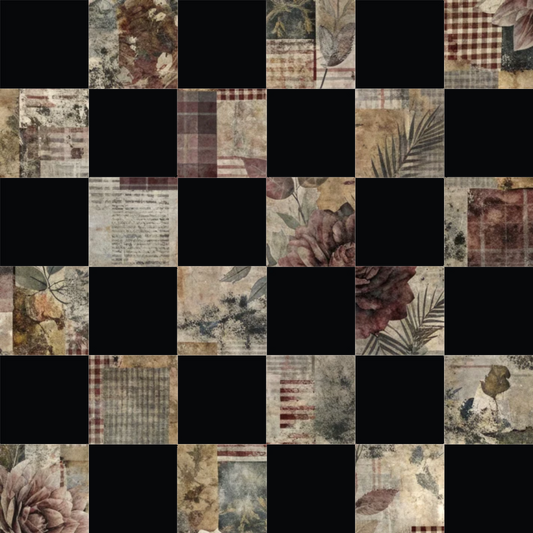 burgundy, cream, beige, brown, sage green, botanical prints, floral motifs, palm fronds, roses, leaves, patchwork squares, checkerboard pattern, vintage style, distressed texture, quilting cotton, fabric panel, geometric blocks, nature elements, muted tones, shabby chic