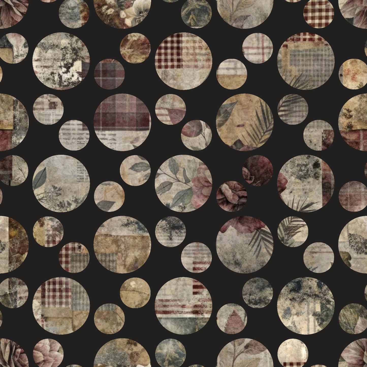 burgundy, beige, cream, brown, black background, polka dots, circles, botanical leaves, floral motifs, plaid patterns, checkered design, vintage style, distressed textures, quilting cotton, fabric panel, autumn colors, muted tones, mixed patterns, rustic aesthetic, patchwork style