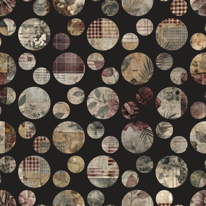 burgundy, beige, cream, brown, black background, polka dots, circles, botanical leaves, floral motifs, plaid patterns, checkered design, vintage style, distressed textures, quilting cotton, fabric panel, autumn colors, muted tones, mixed patterns, rustic aesthetic, patchwork style