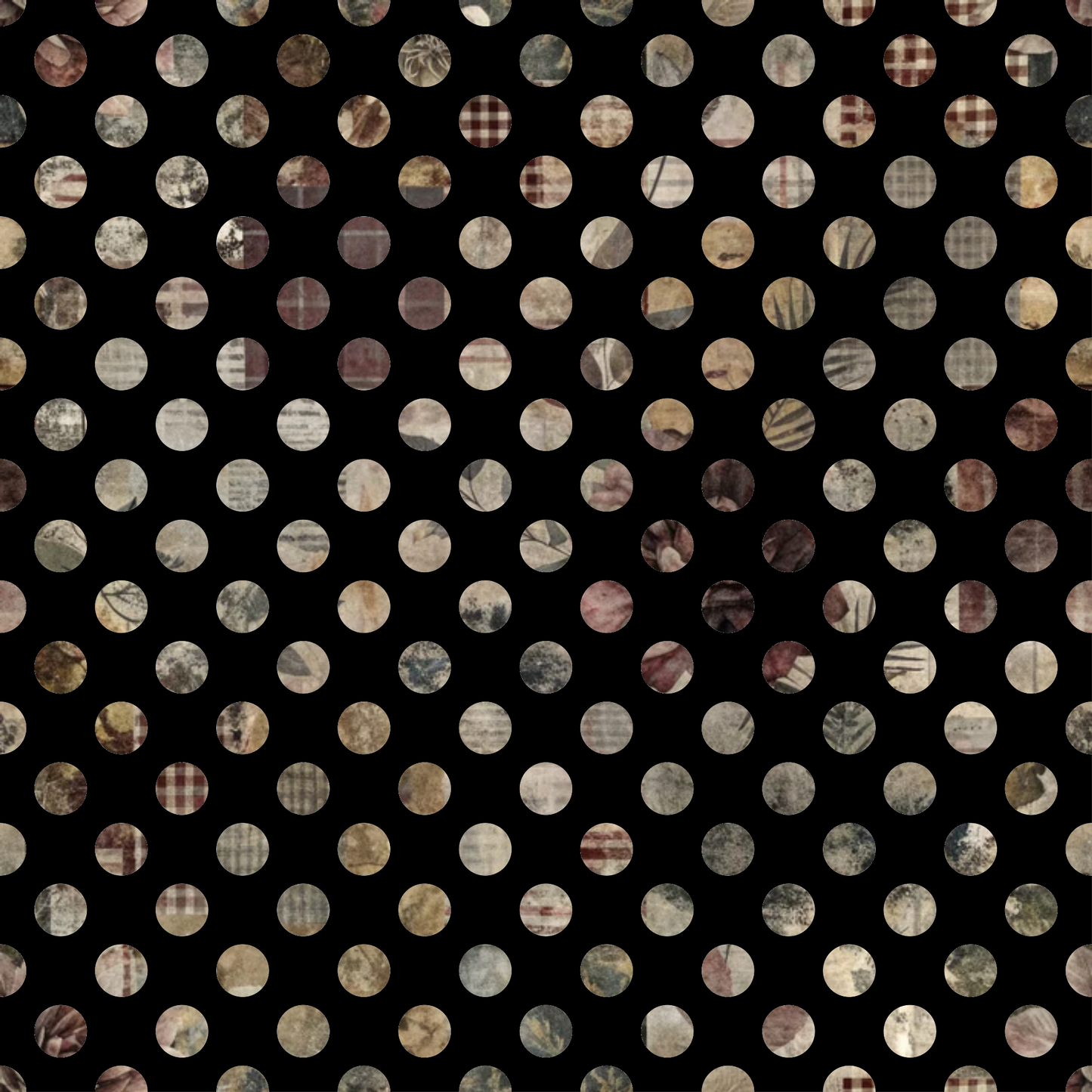 polka dots, circles, black background, beige, brown, cream, tan, marbled texture, geometric pattern, vintage style, muted tones, earth tones, quilting cotton, fabric panel, scattered dots, neutral colors, rustic appearance, weathered look, cotton fabric, coordinating prints