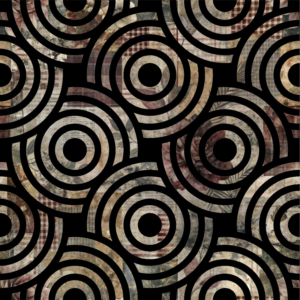 quilting cotton, fabric panel, concentric circles, geometric pattern, earth tones, brown, beige, tan, cream, black, textured rings, abstract design, repetitive motif, neutral palette, vintage style, retro pattern, overlapping circles, warm colors, crafting fabric, patchwork design
