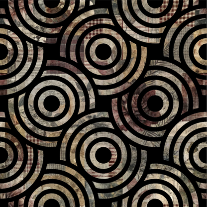 quilting cotton, fabric panel, concentric circles, geometric pattern, earth tones, brown, beige, tan, cream, black, textured rings, abstract design, repetitive motif, neutral palette, vintage style, retro pattern, overlapping circles, warm colors, crafting fabric, patchwork design