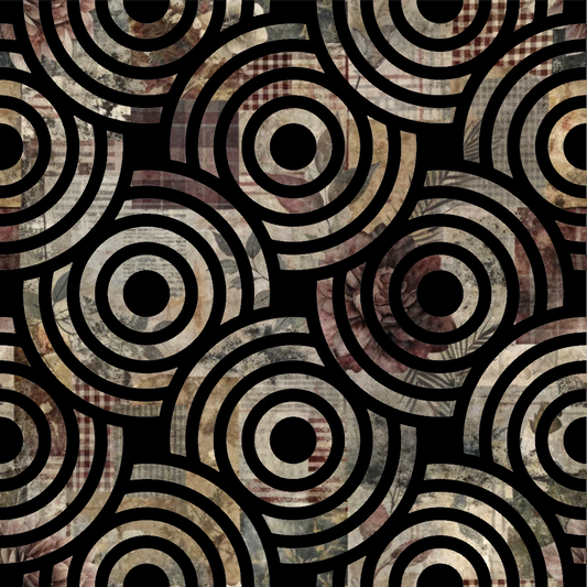 quilting cotton, fabric panel, concentric circles, geometric pattern, earth tones, brown, beige, tan, cream, black, textured rings, abstract design, repetitive motif, neutral palette, vintage style, retro pattern, overlapping circles, warm colors, crafting fabric, patchwork design