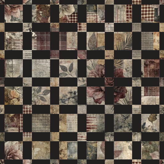 quilting cotton, fabric panel, patchwork design, checkerboard pattern, vintage floral, botanical motifs, roses, leaves, palm fronds, burgundy, beige, tan, brown, black squares, distressed textures, shabby chic, faded florals, quilt blocks, cotton fabric, rustic style, muted tones, aged appearance