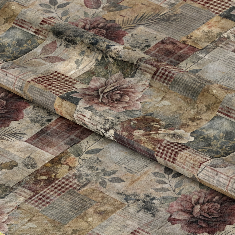- Patched Memories Pattern 1 Quilting Cotton Fabric  
- floral  
- vintage  
- patchwork  
- muted tones  
- beige  
- burgundy  
- green  
- cream  
- textured  
- soft  
- cotton  
- quilting material  
- classic  
- rustic  
- decorative