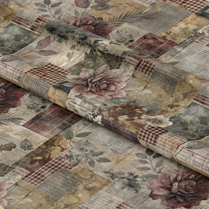 - Patched Memories Pattern 1 Quilting Cotton Fabric  
- floral  
- vintage  
- patchwork  
- muted tones  
- beige  
- burgundy  
- green  
- cream  
- textured  
- soft  
- cotton  
- quilting material  
- classic  
- rustic  
- decorative