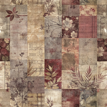 Patchwork quilt with floral patterns in muted earth tones, featuring various plants and flowers in squares of beige, maroon, and brown shades.