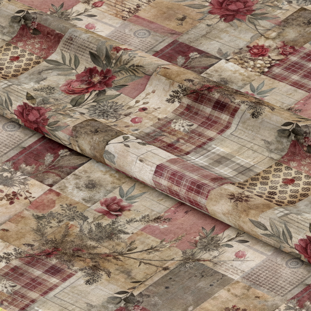 - Patched Memories Pattern 7 Quilting Cotton Fabric  
- vintage style  
- floral designs  
- roses and leaves  
- patchwork  
- muted reds  
- beige tones  
- cream shades  
- brown accents  
- quilting fabric  
- cotton textile  
- classic pattern  
- rustic charm