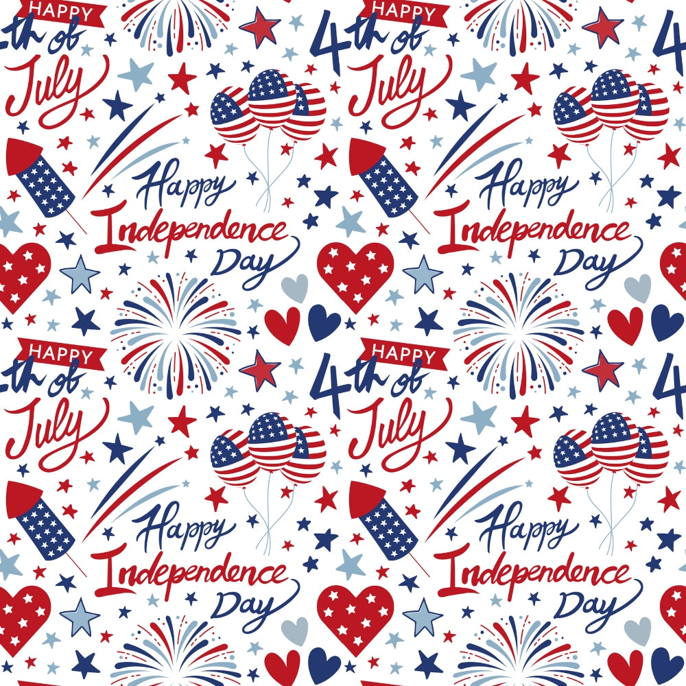 Patriotic July Pattern 8 Quilting Cotton Fabric with red, white, and blue fireworks, stars, hearts, balloons with American flag designs, "Happy Independence Day" and "4th of July" text, patriotic theme, quilting fabric, cotton textile, holiday print, festive cotton fabric.