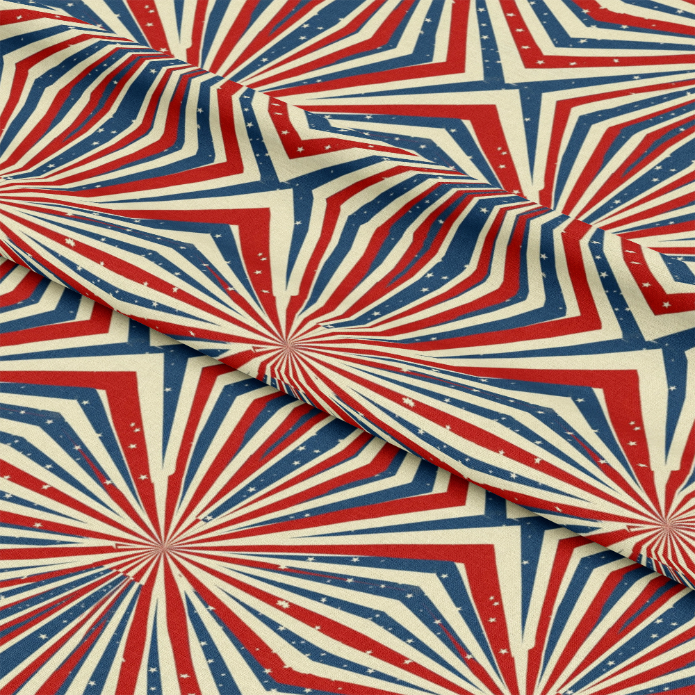 - Patriotic Pattern 14 Quilting Cotton Fabric  
- Red, white, blue stripes  
- Starburst design  
- Stars  
- Quilting  
- Cotton  
- Yardage  
- Americana  
- Festive  
- Textile