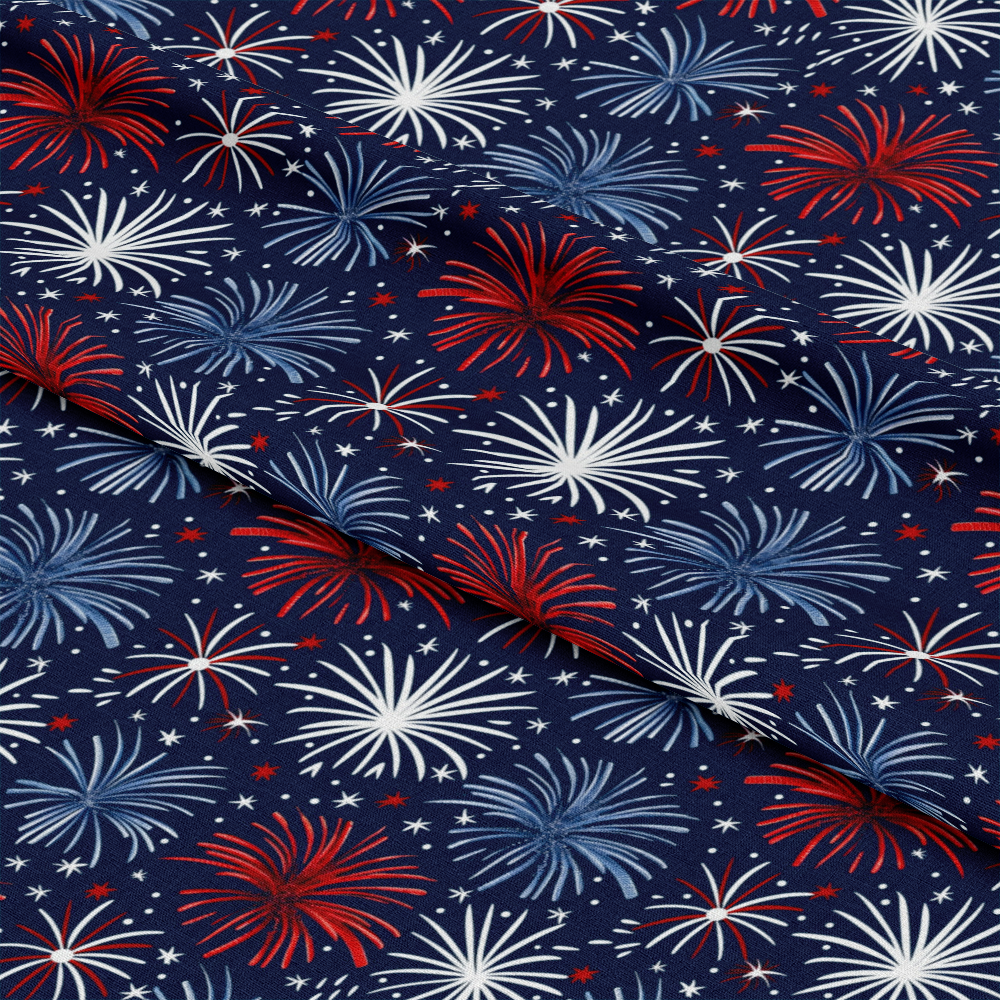 - Patriotic Pattern 3 Quilting Cotton Fabric  
- Navy blue background  
- Red, white, and blue fireworks design  
- Starburst motifs  
- Celebration theme  
- Quilting cotton material  
- Textile yardage  
- American-inspired print  
- Festive fabric  
- Craft and sewing material