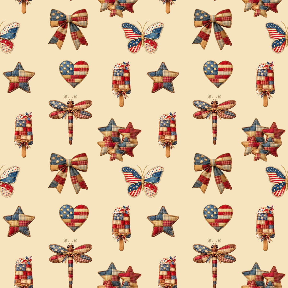 Patriotic Patchwork And Icons Pattern 1 Quilting Cotton Fabric