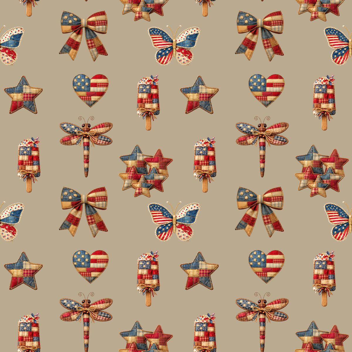 Patriotic Patchwork And Icons Pattern 2 Quilting Cotton Fabric