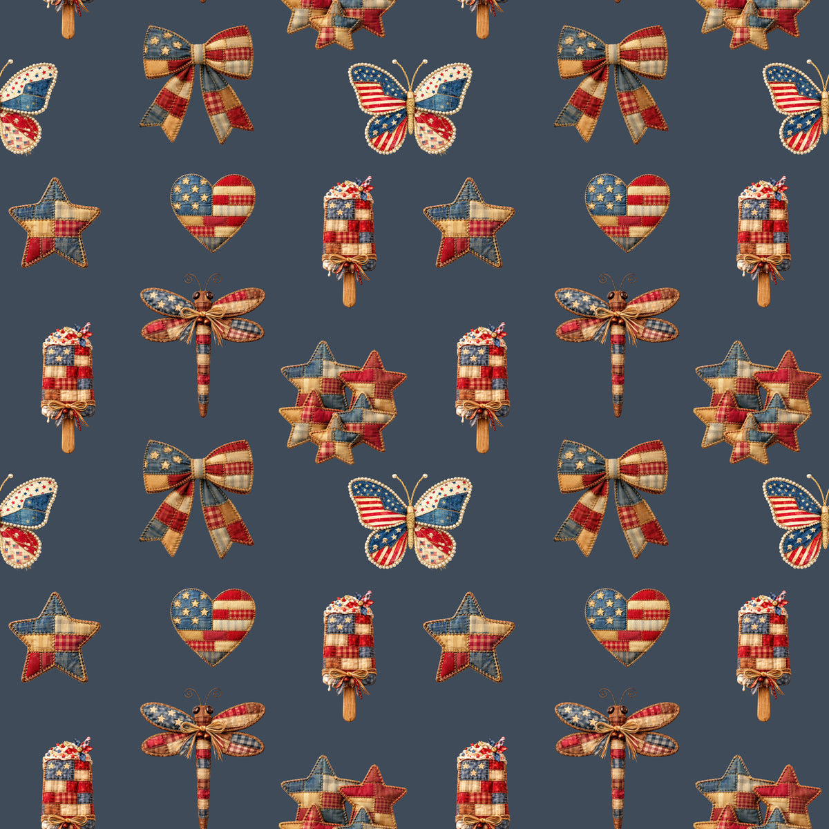 Patriotic Patchwork And Icons Pattern 3 Quilting Cotton Fabric