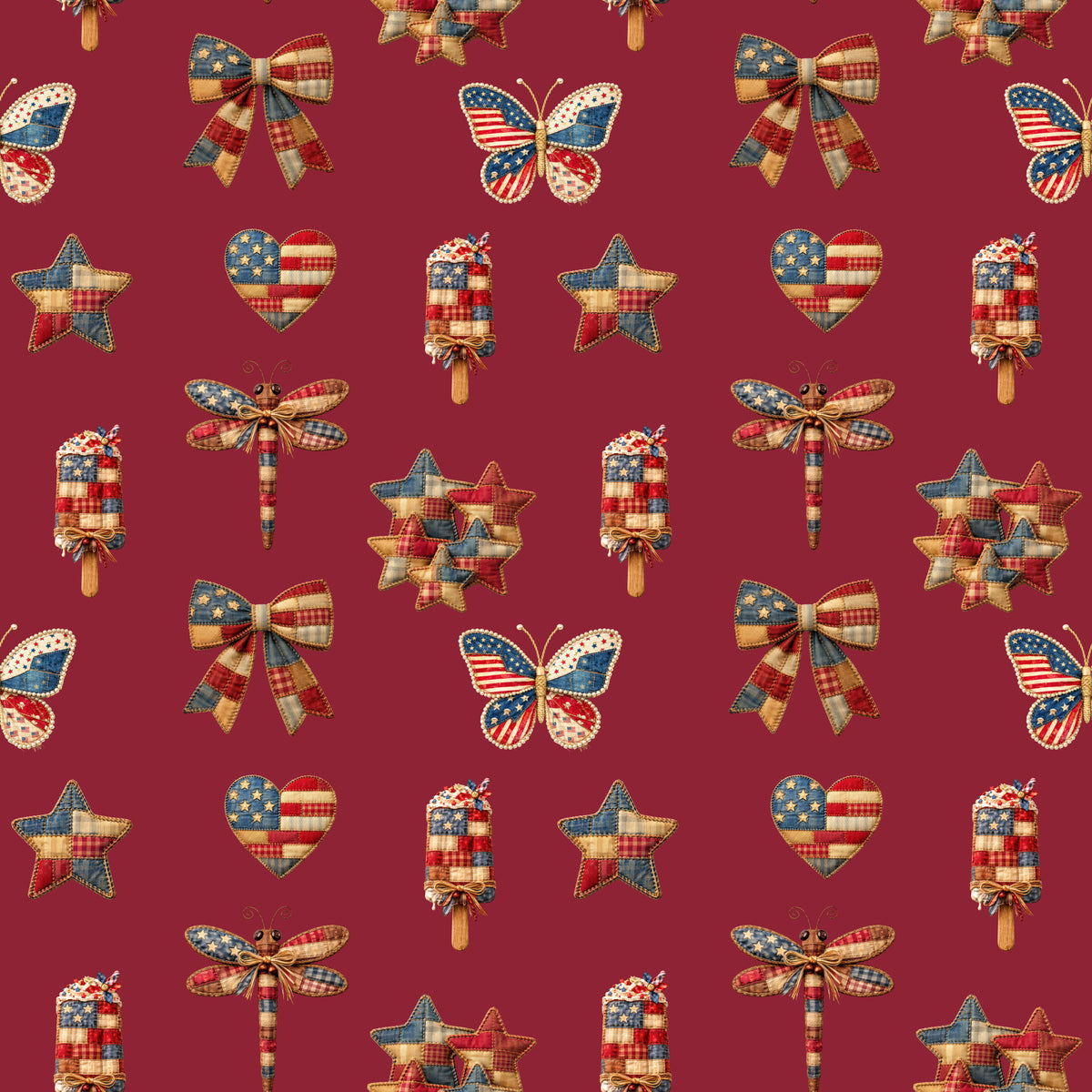 Patriotic Patchwork And Icons Pattern 4 Quilting Cotton Fabric