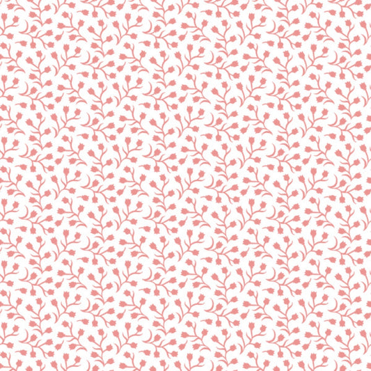 A seamless pattern of small, pink floral vines and leaves on a white background. The design is repetitive and evenly distributed across the image, creating a delicate, decorative effect.